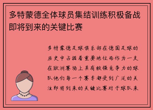 多特蒙德全体球员集结训练积极备战即将到来的关键比赛
